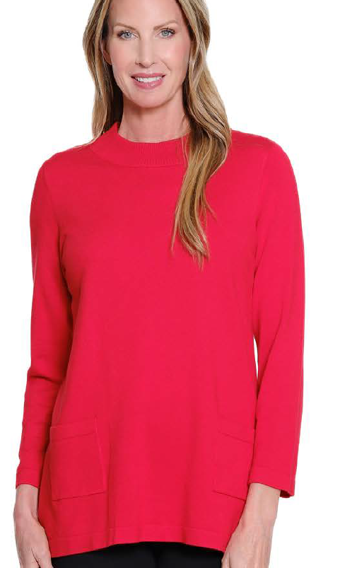 Red Mock Neck Pocket Sweater