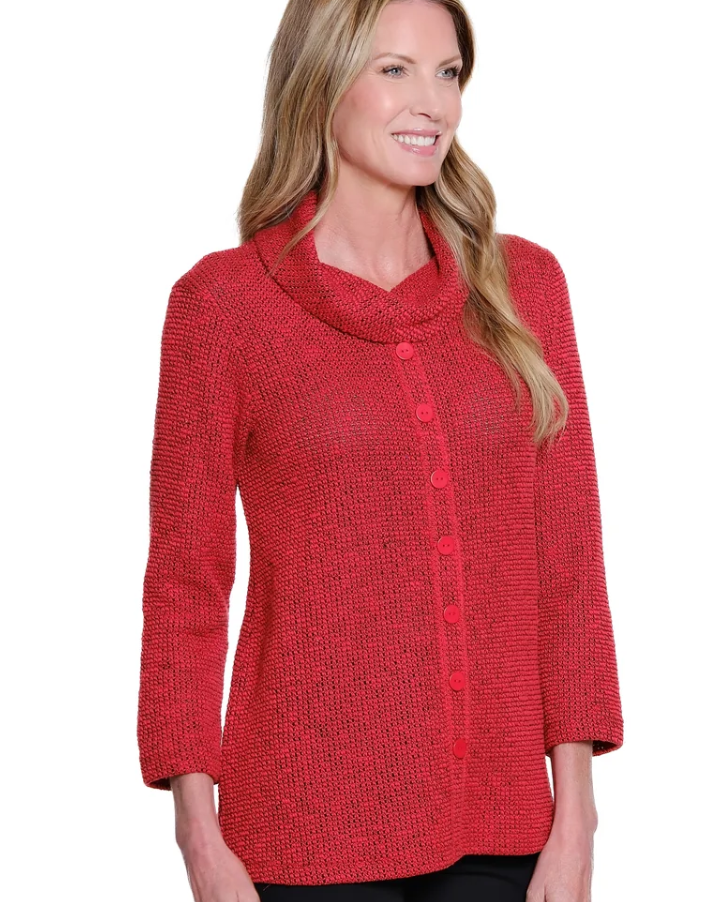 Petite Red Button Front Novelty Knit Top