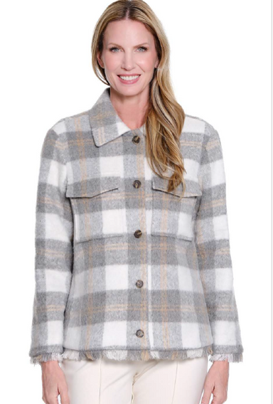 Petite Plaid Fringe Hem Shacket