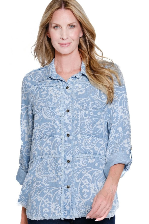 Fringed Seam Printed Denim Shirt