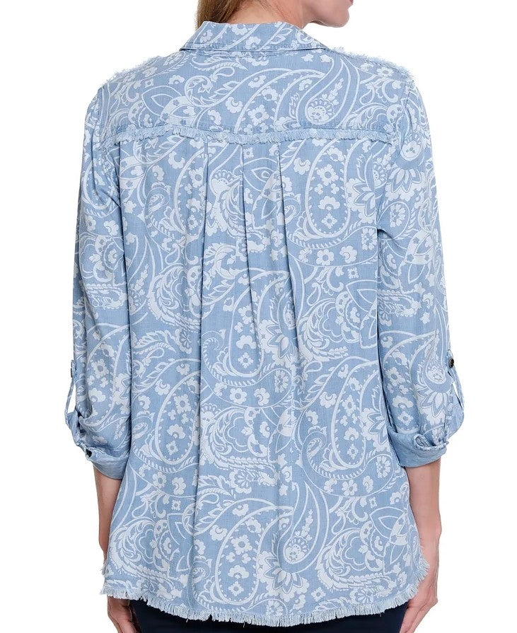 Fringed Seam Printed Denim Shirt