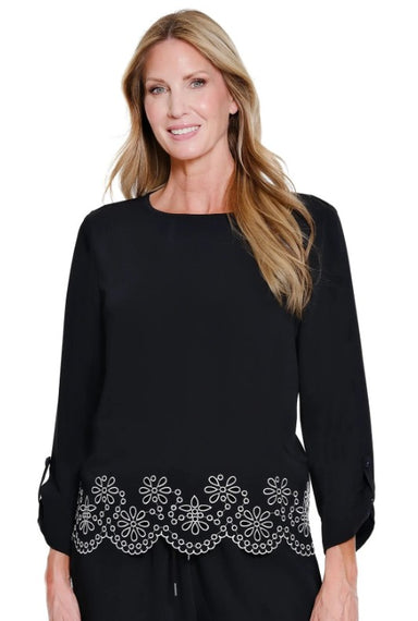 Black Embroidered Hem Top