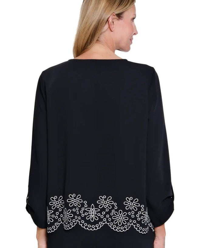 Black Embroidered Hem Top