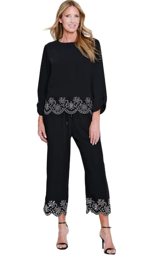 Black Embroidered Hem Top