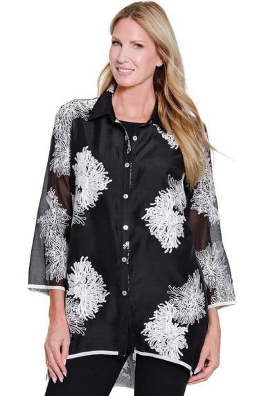 Black Crinkle Sheer Embroidered Blouse