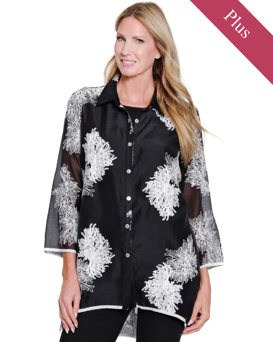 Black Crinkle Sheer Embroidered Blouse