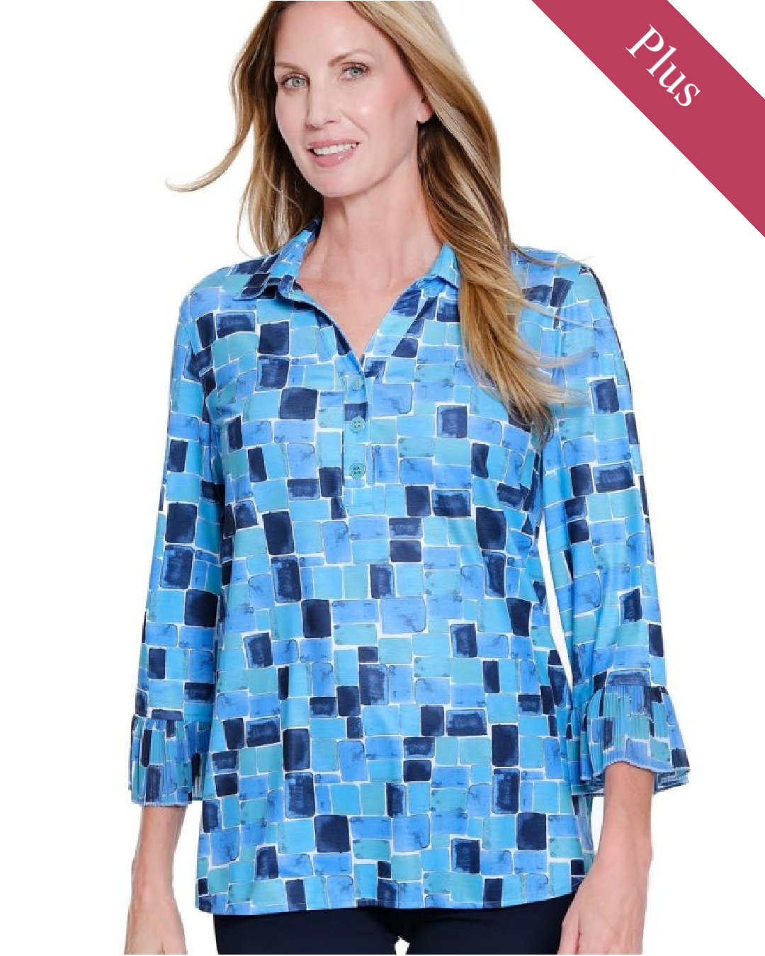 Watercolor Squares Jersey Knit Top Plus