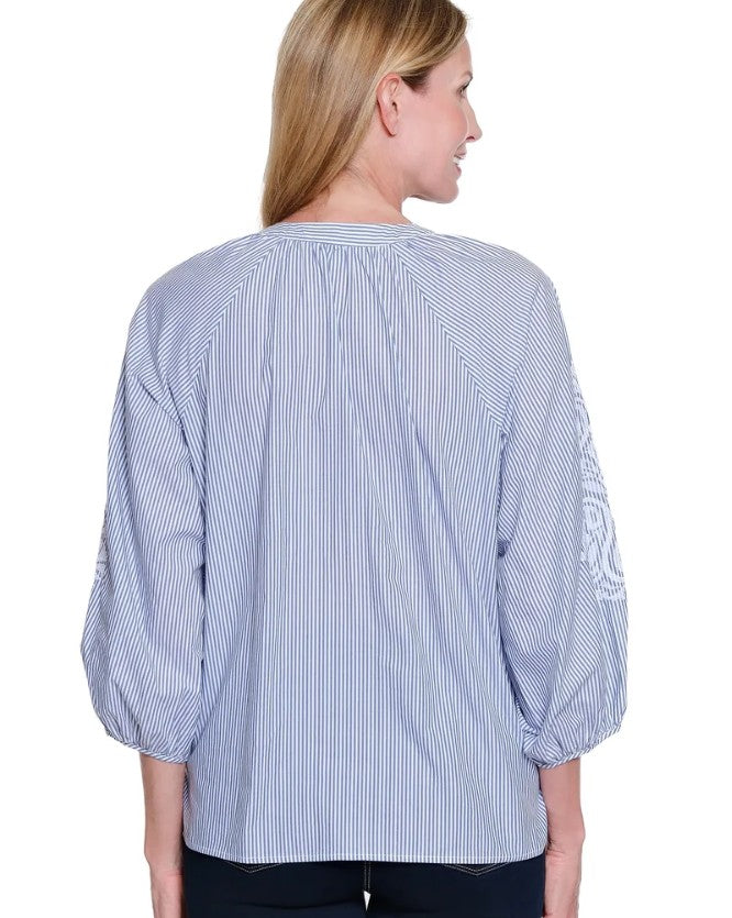 Chambray Embroidered Sleeve Blouse