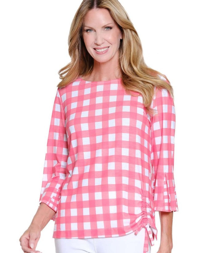 Coral & White Check Drawstring Top