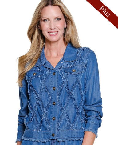 Fringe Trim Denim Jacket Plus