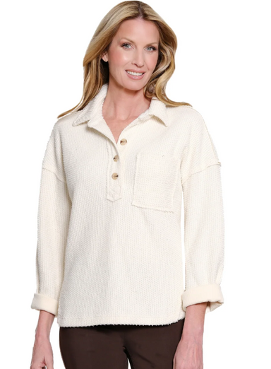 Multiples Button-Placket Hi-Lo Knit Top — Winter White