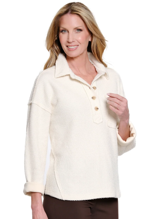 Multiples Button-Placket Hi-Lo Knit Top — Winter White