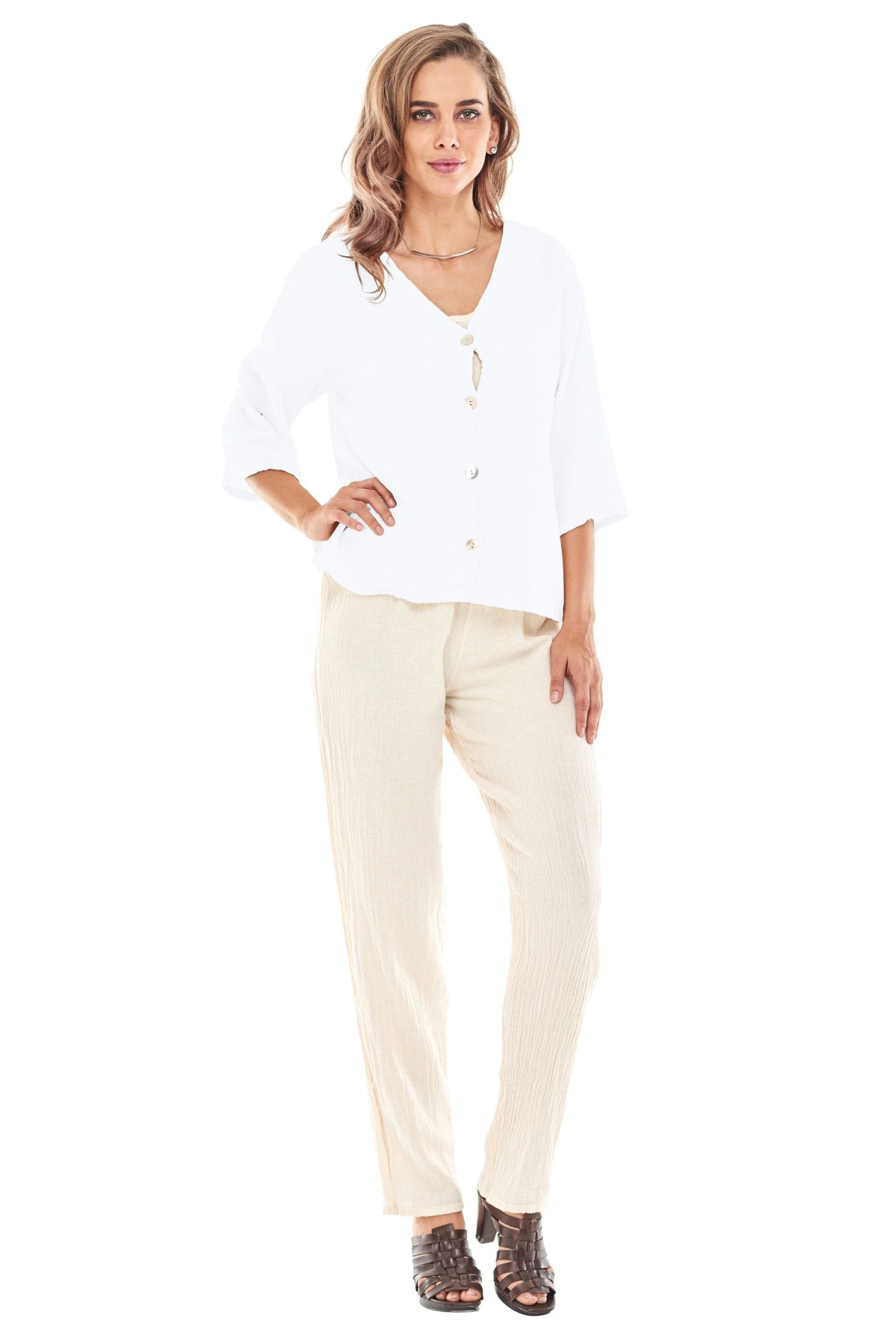 White Cotton Gauze Cropped Button Front Top