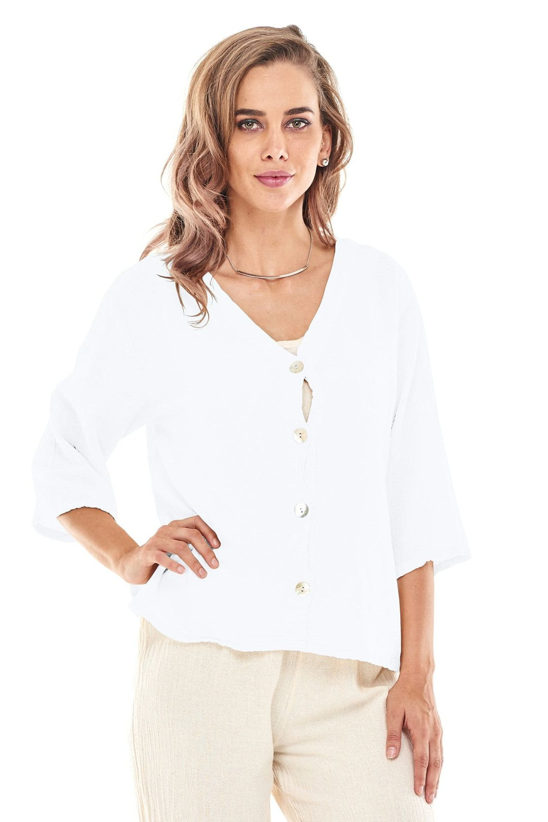 White Cotton Gauze Cropped Button Front Top
