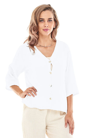 White Cotton Gauze Cropped Button Front Top