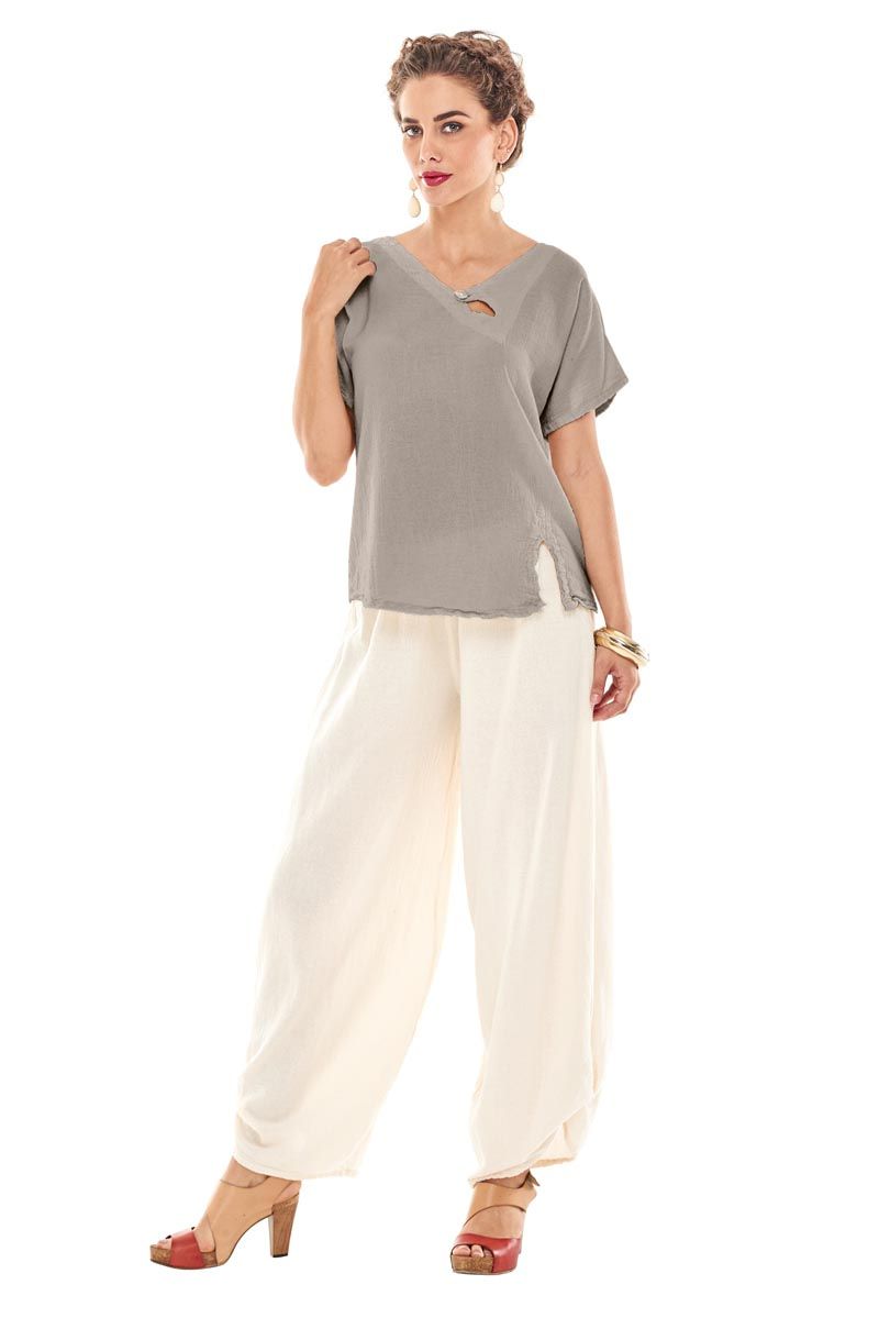 Taupe Cotton Gauze V-neck Top