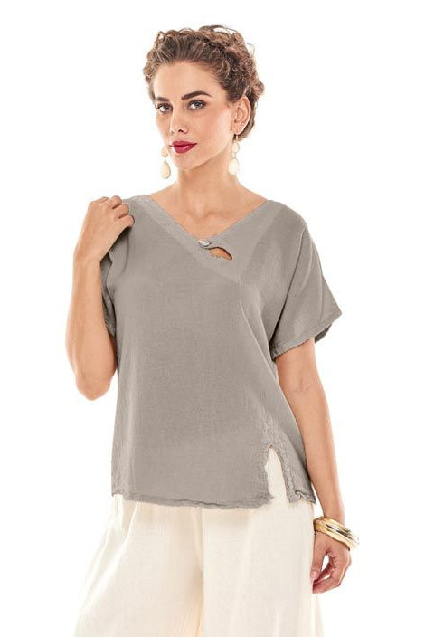 Taupe Cotton Gauze V-neck Top
