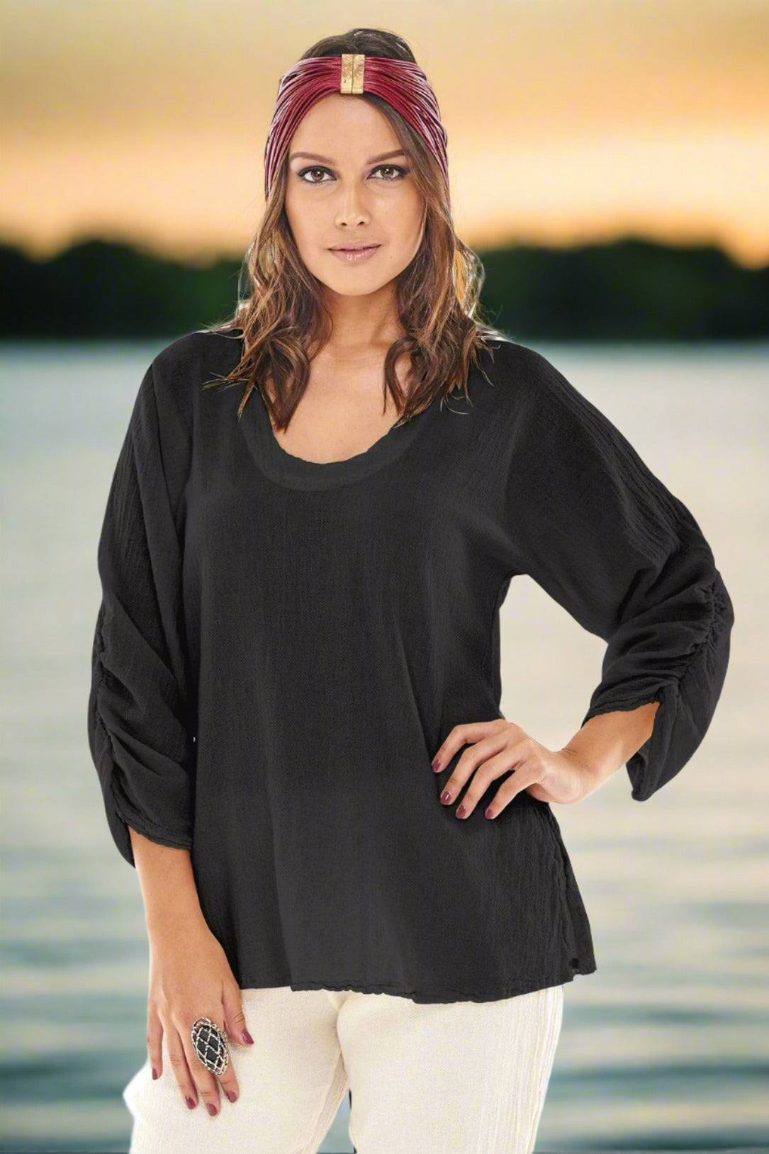 Black Ruched Sleeve Tunic