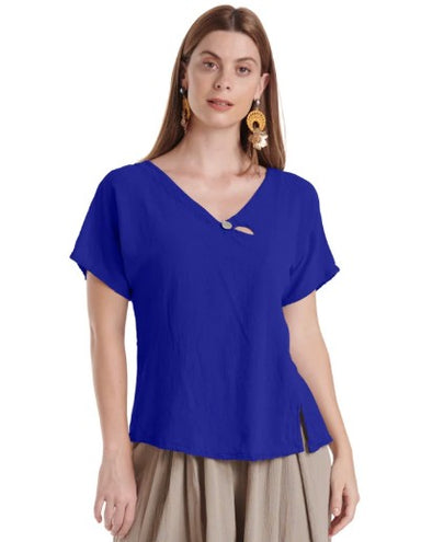 Cobalt Cotton Gauze V-neck Top