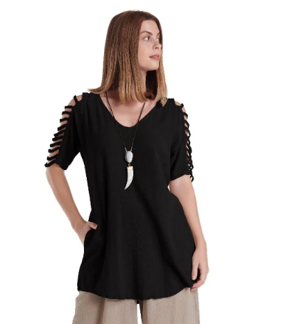 Waterfall Black Cotton Gauze Top