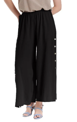 Wide Leg Black Button Gauze Pant