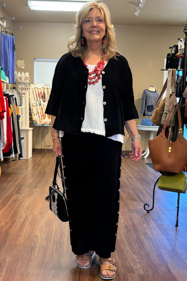 Wide Leg Black Button Gauze Pant