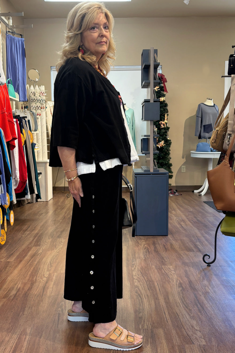Wide Leg Black Button Gauze Pant