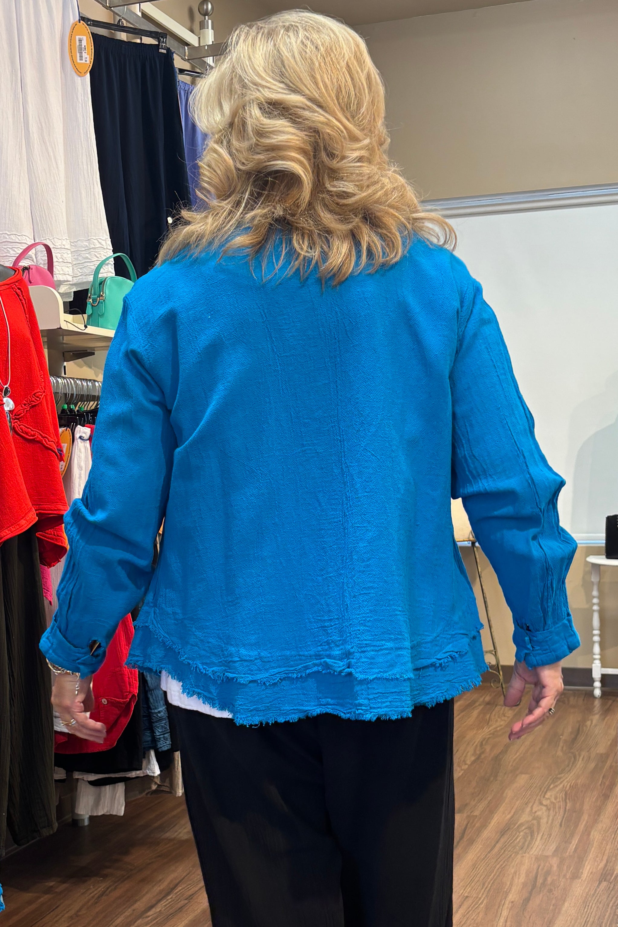 Turquoise Fringe Hem Gauze Jacket