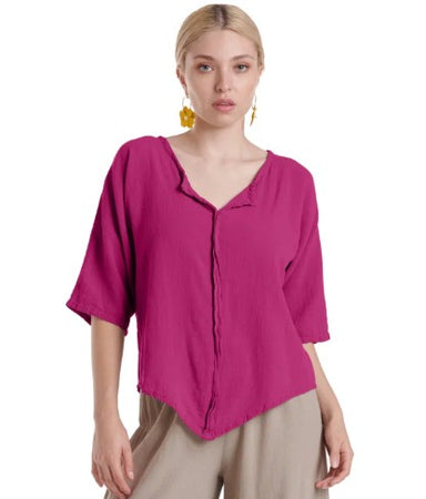 Fuchsia Split Neck Gauze Top