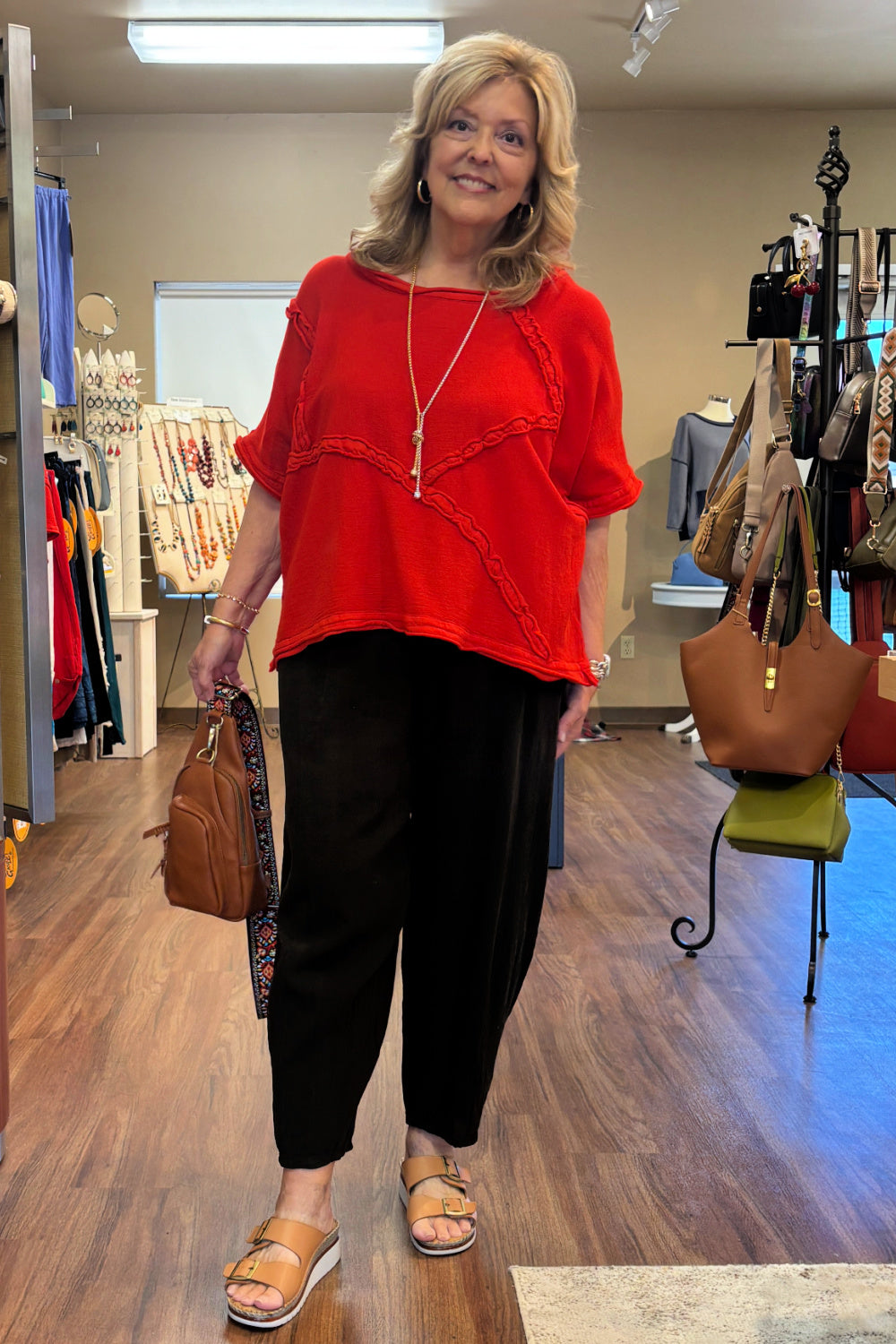 Spicy Red Cotton Gauze Boat Neck Top
