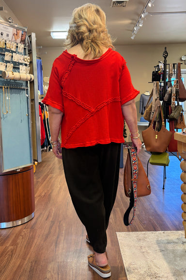 Spicy Red Cotton Gauze Boat Neck Top
