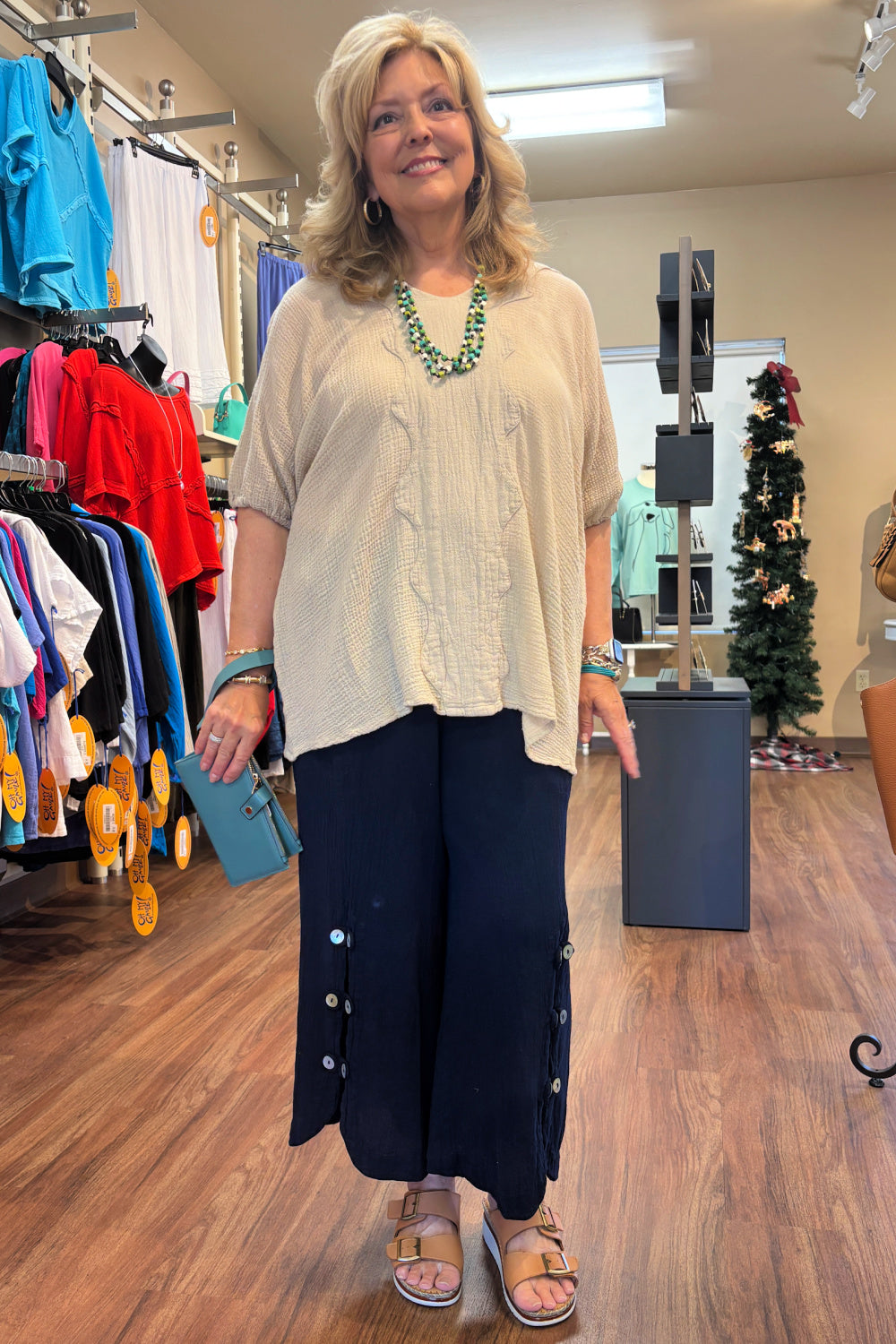 Navy Button Detail Gauze Crop Pant