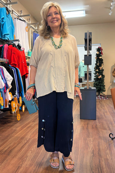 Navy Button Detail Gauze Crop Pant