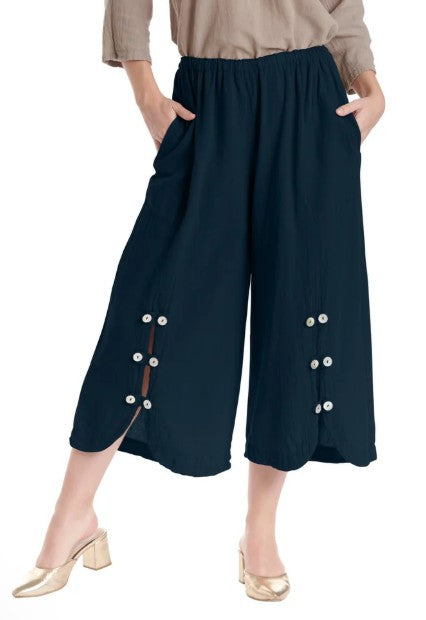Navy Button Detail Gauze Crop Pant