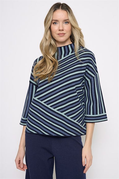 Teal Stripe Funnel Neck Sweater