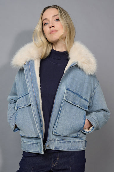 Fur Collar Zip Up Denim Jacket