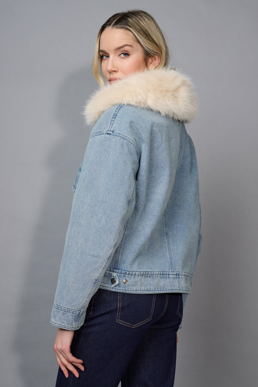 Fur Collar Zip Up Denim Jacket