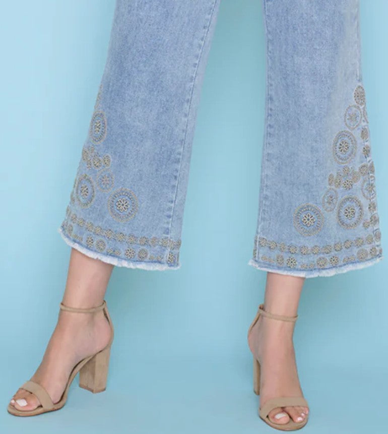 Sand Embroidered Floral Crop Jeans