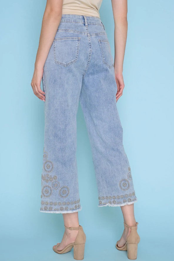Sand Embroidered Floral Crop Jeans