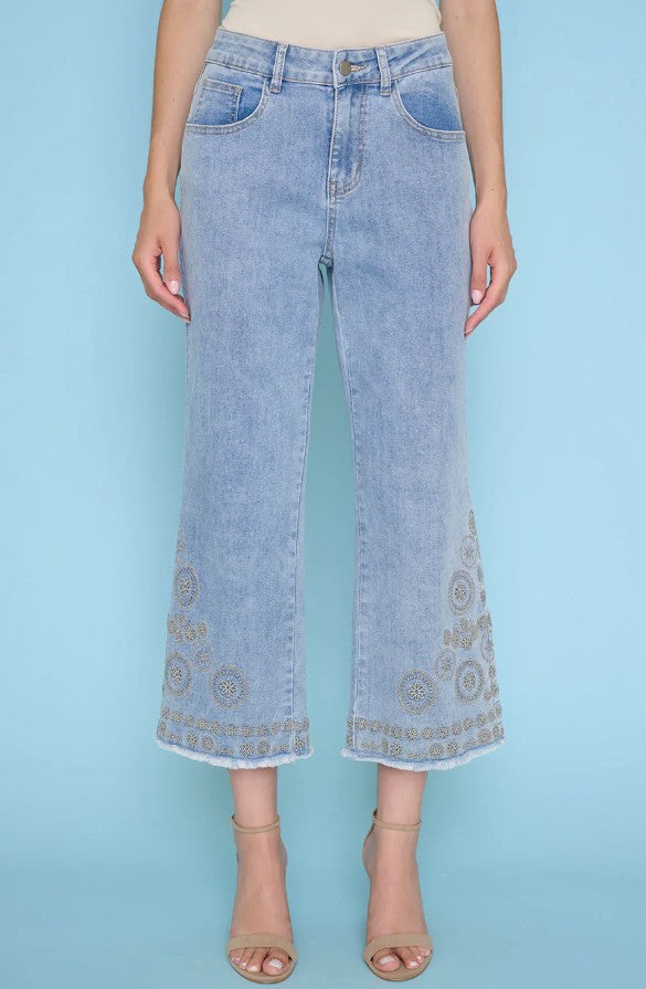 Sand Embroidered Floral Crop Jeans