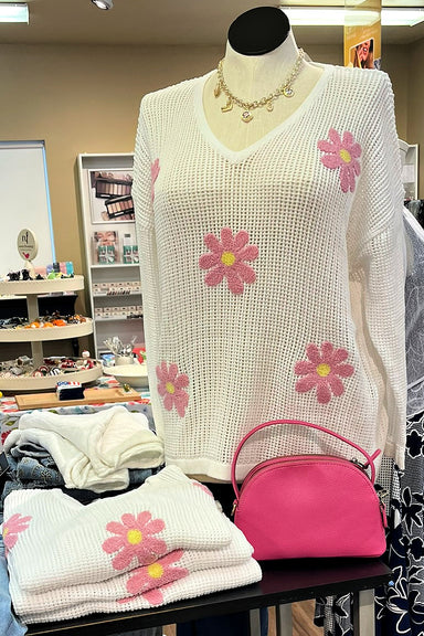 White Sweater Pink Flowers