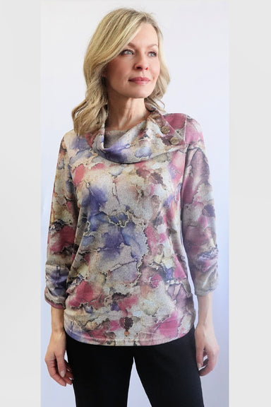 Pink Marble Print Split Neck Top