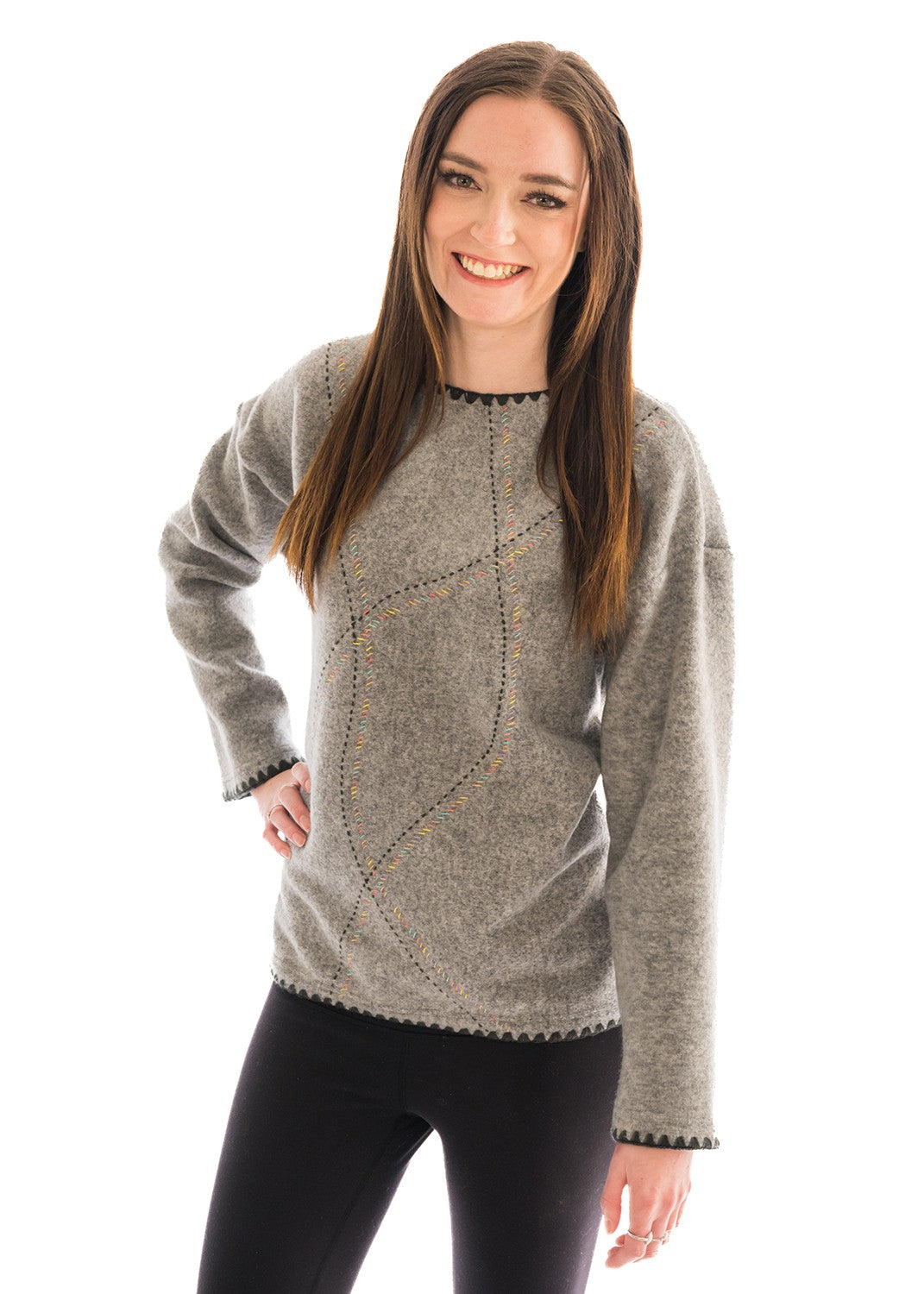 Grey Sweater With Rainbow Stiitch Design