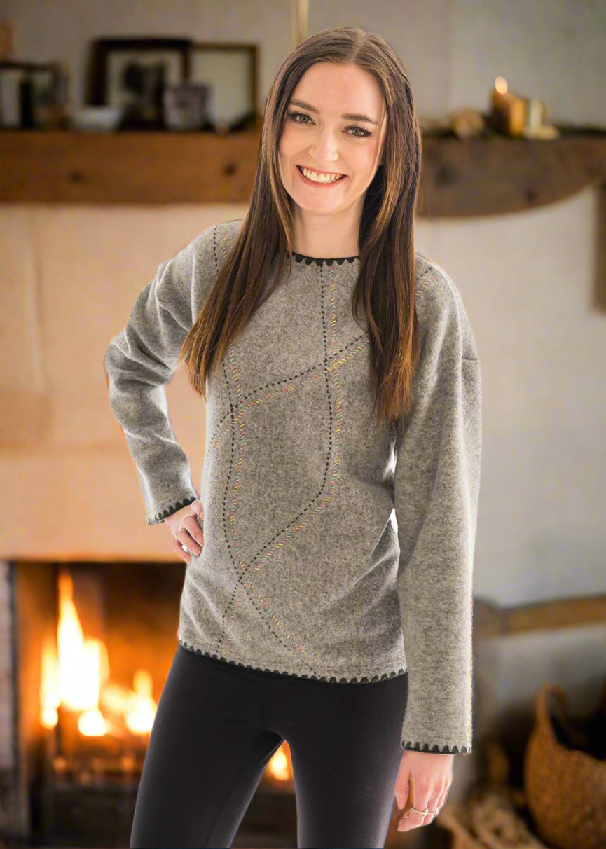 Grey Sweater With Rainbow Stiitch Design