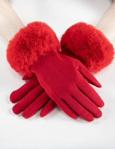 Red Faux Fur Cuff Touchscreen Gloves