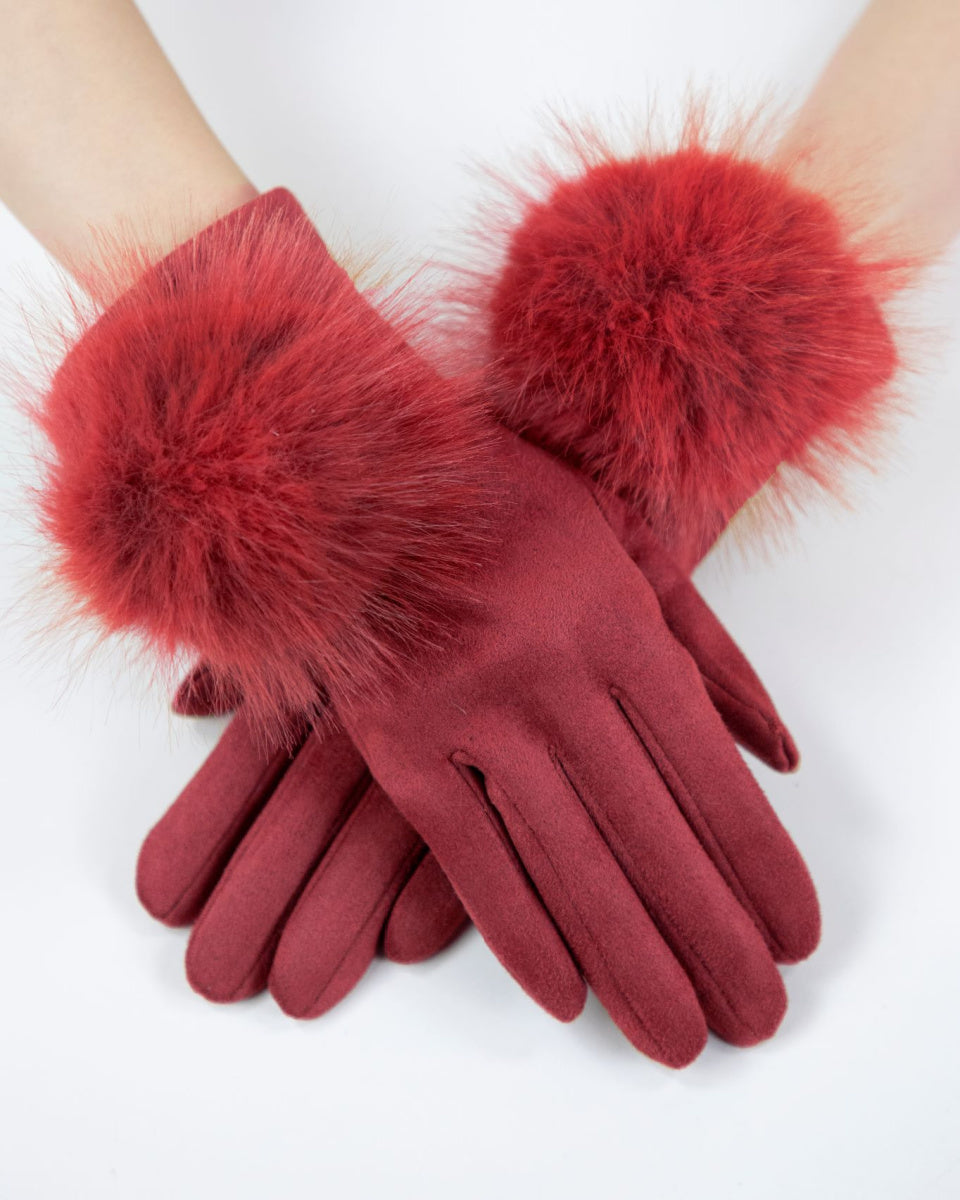 Burgundy Faux Suede & Fur Touchscreen Gloves