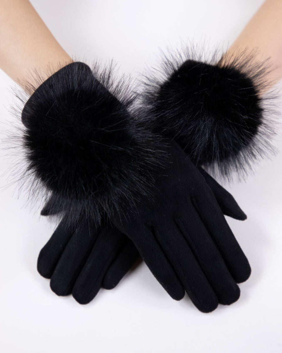 Black Faux Suede & Fur Touchscreen Gloves