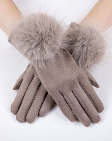 Taupe Faux Suede & Fur Touchscreen Gloves