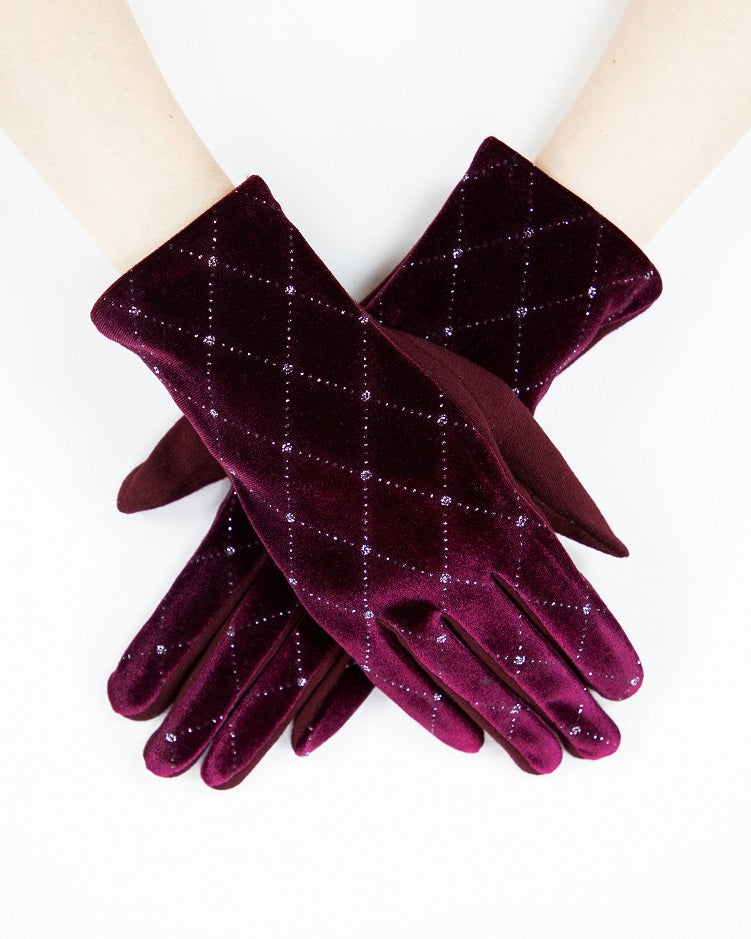 Burgundy Velveteen Rhinestone Gloves