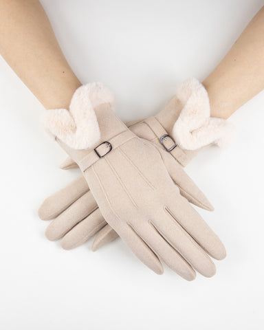 Beige Gloves Faux Fur Cuff & Buckle